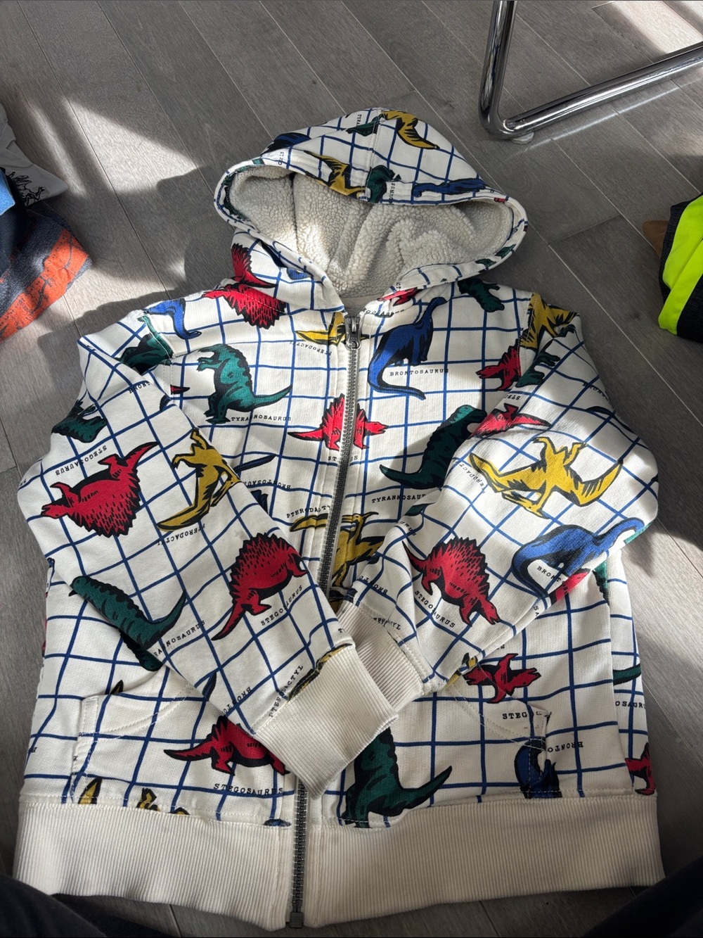Hanna Andersson White Zip Hoodie with Multicolor Dinosaur Print
